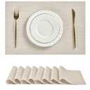 Leetaltree Beige White Placemats Set of 8 - Heat Resistant Non-Slip Place mats for Dining Table, Washable Durable PVC Vinyl Woven Table Mats(Beige White, 8)