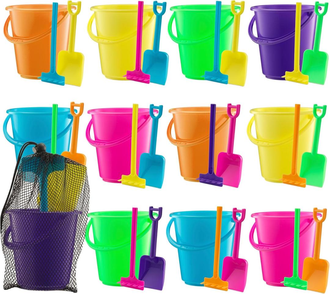 Mini 4.5-Inch Beach Buckets for Kids - (12 Pack) Sand Buckets and Shovels w/Rakes & Mesh Bags - Small Beach Pails - Sturdy Unbreakable Plastic - Beach Party Favors & Giveaways for Toddlers Ages 3-6