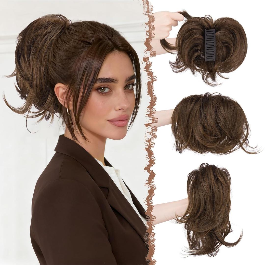 FESHFEN Claw Clip Short Ponytail Extensions - DIY Bendable Metals Fluffy Messy Bun Hair Piece Straight Synthetic Hairpieces Ponytail Extension for Women, Mix Brown (8/9/30 Mix Brown)