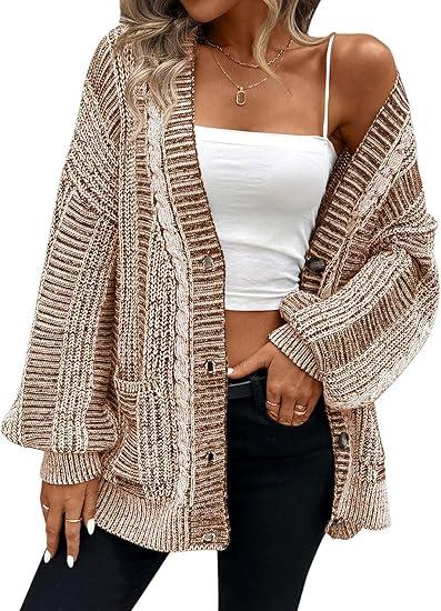 Pink Queen Women's 2024 Fall Winter Cardigan Sweater Long Sleeve Cable Knit Loose Outerwear Coat