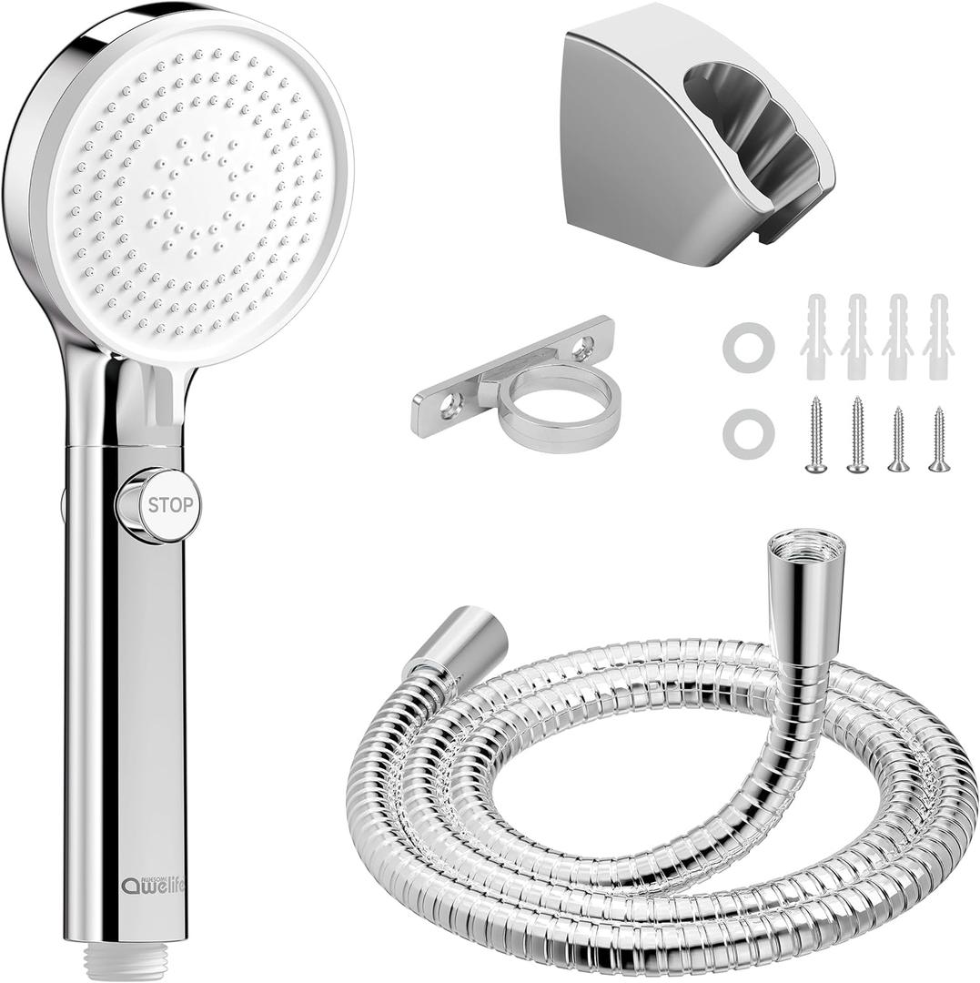 RV Shower Head with Hose, High Pressure Shower Head with Handheld On Off Switch, Travel Trailer, Motorhome and Boat and Camper Must Have RV Accessories Replacement Part, Chrome and White