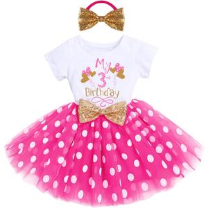 IBTOM CASTLE Girls Baby 1st 2nd 3rd Birthday Outfit Mouse Tulle Dress+Sequins Headband Princess Cake Smash Clothes (3T, Ball Hot Pink Dots) 