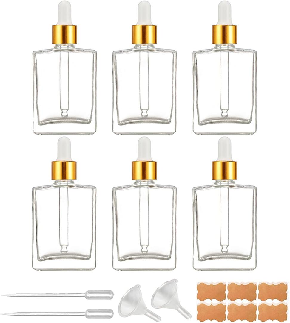6 Pack 1.7oz Clear Square Glass Dropper Bottles, 50ml Empty Square Perfumes Bottles with Eye Droppers, for Essential Oils,Liquids, Tincture Bottle (Clear -Golden Cap)