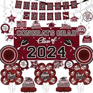 Maroon Themed 2024 Graduation Decorations Set - Congrats Grad Banner, Class of 2024 Backdrop, Balloons & Streamers Kit - Complete Party Supplies for High School & College Celebrations