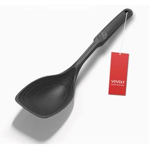 Large Silicone Cooking Spoon, Non-Stick Solid Spoon set with Deep Bowl and Measurement Mark for Mixing, Serving, Draining, Scooping, Scraping, Heat Resistant Kitchen Utensils, Black 