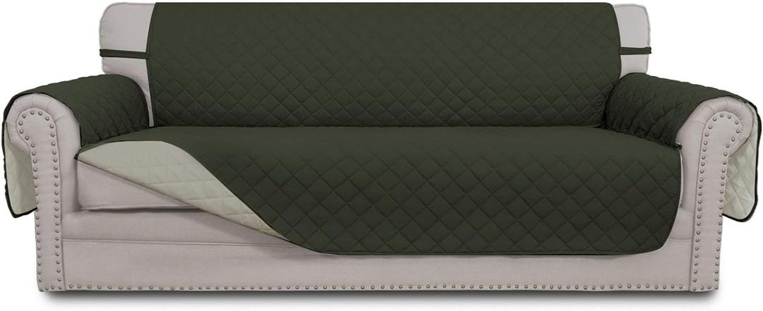 Easy-Going Reversible Couch Cover for 3 Cushion Couch Sofa Cover for Dogs Water Resistant Furniture Protector Cover with Foam Sticks Elastic Straps for Pet Cat (Sofa, Army Green/Beige)