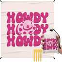 Pink Cowgirl Howdy Pocket Picnic Blankets, Preppy Western Mini Beach Camping Blanket Waterproof Sandproof, Trendy RV Outdoor Blanket Mat Gifts for Cowgirls Camper Campsite Dorm Travel 55x60in