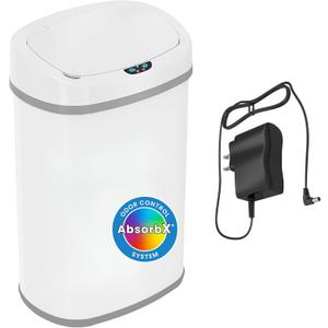 SensorCan 13 Gallon Automatic Sensor Trash Can with Lid, AC Adapter Included, AbsorbX Odor Control, Chalk White Stainless Steel Kitchen Garbage Bin, Fingerprint-Proof, Hands-Free Operation, Oval