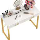 WESTREE Vanity Desk with 2 Drawers and Storage Shelf, Modern Makeup Table with Glossy Desktop, Gold Metal Frame Writing Desk for Bedroom or Home Office, No Mirror (40 Inch, White)