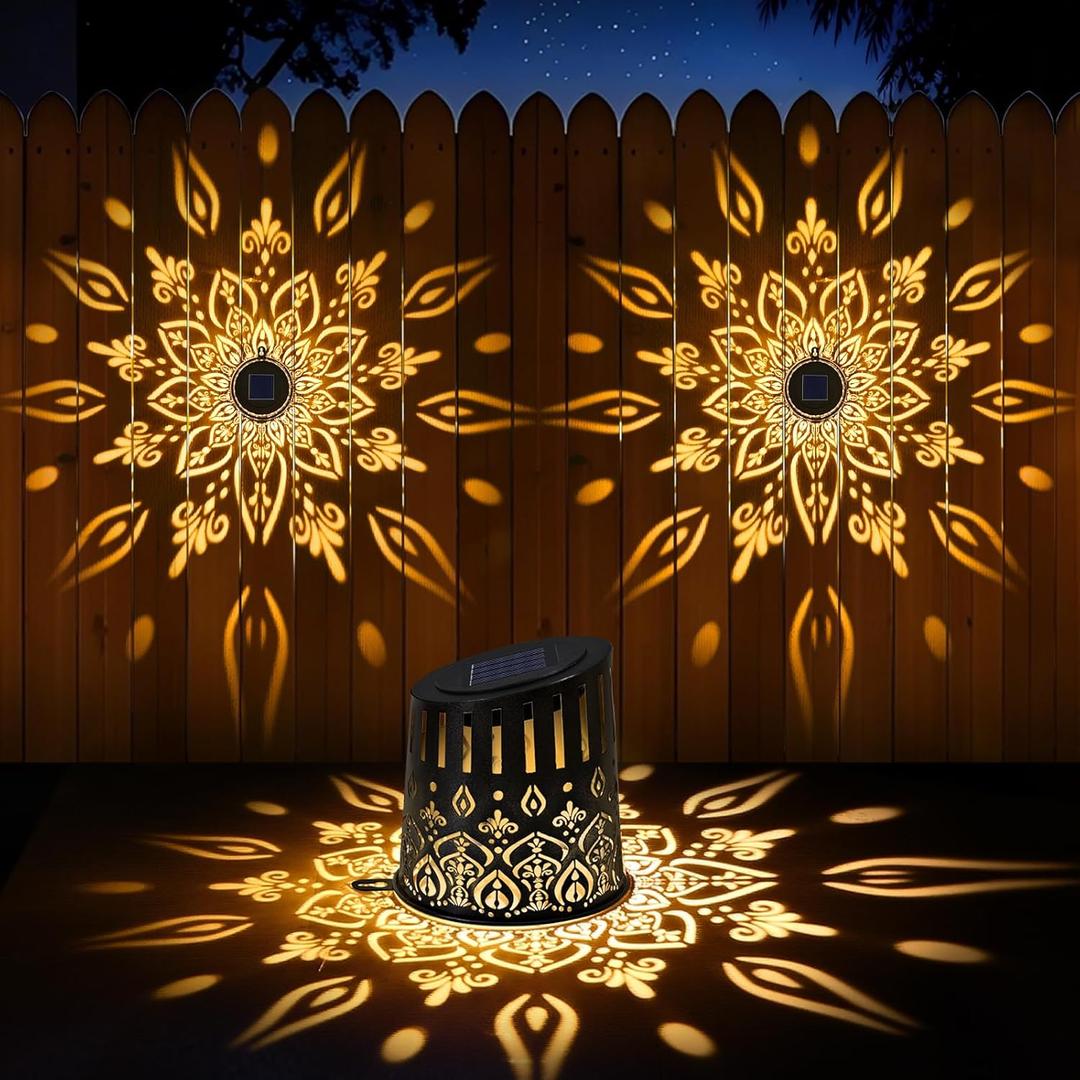 Likiyol 2025 Upgraded 2 Pack Mandala Solar Fence Lights Ultra Bright Fence Lights Solar Powered IP65 Waterproof Deck Light for Stair Yard Garden Outdoor Wall Decor, Warm White