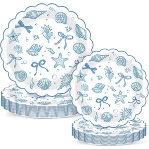 48pcs Scalloped Coastal Party Plates Ocean Theme Party Decorations Tropical Blue Bow Starfish Seashell Tableware Blue Bachelorette Decoration for Summer Beach Wedding Bridal Shower Birthday Supplies