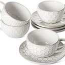 LE TAUCI Cappuccino Cups with Saucers - 8 oz Large Ceramic Coffee Cup Set for Café Au Lait, Latte, Mocha, Tea Cup and Saucer Set, Microwave & Oven Safe, Set of 4, Embossed, White