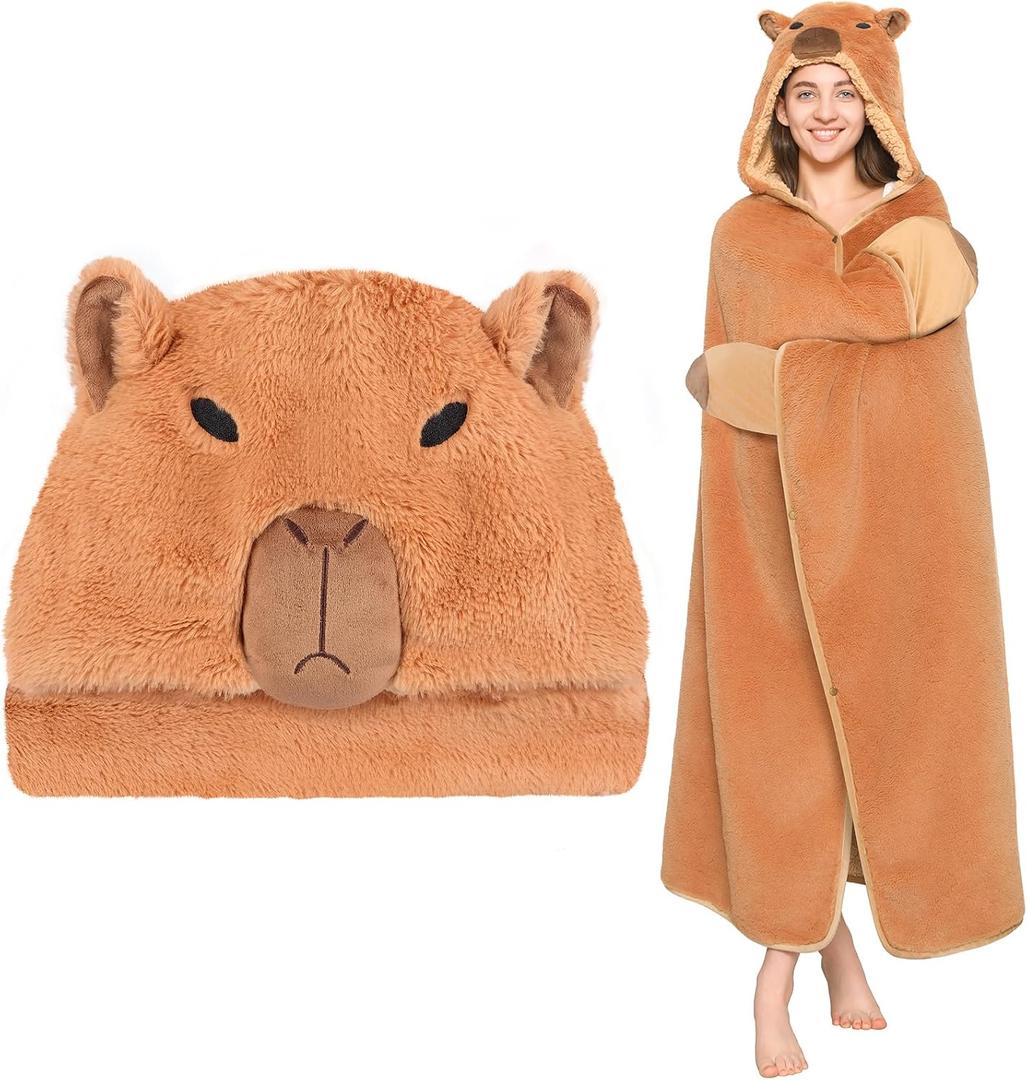 CozziPals Capybara Wearable Plush Blanket Hoodie for Women & Kids, Premium Soft Thick Sherpa & Fleece for Ultra Warmth, Throw Wrap with Giant Hood, Easy Movement, Capybara Gifts for Adults, Oversized