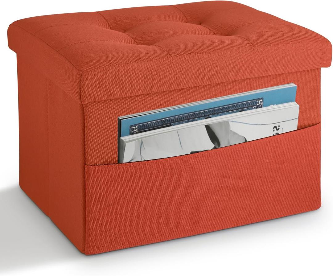 LINMAGCO Storage Ottoman Folding Foot Stool Foot Rest with Side Pocket Modern Ottoman with Storage Short Sofa Stool Linen Cloth 17x13x13(Orange) LINMAGCO Storage Ottoman Folding Foot Stool Foot Rest with Side Pocket Modern Ottoman with Storage Short Sofa Stool Linen Cloth 17x13x13(Orange)