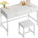 SUPERJARE 43-inch White Desk with 2 Drawers and Padded Stool, Modern Makeup Vanity & Computer Desk with Storage for Home Office, Bedroom Study