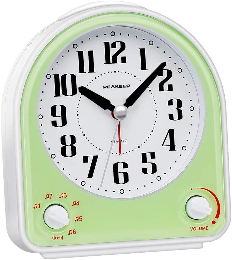 Peakeep Analog Alarm Clock Non-Ticking Silent, Optional 7 Wake-up Sounds with Volume Control, Nightlight and Snooze, AA Battery Operated (Green)