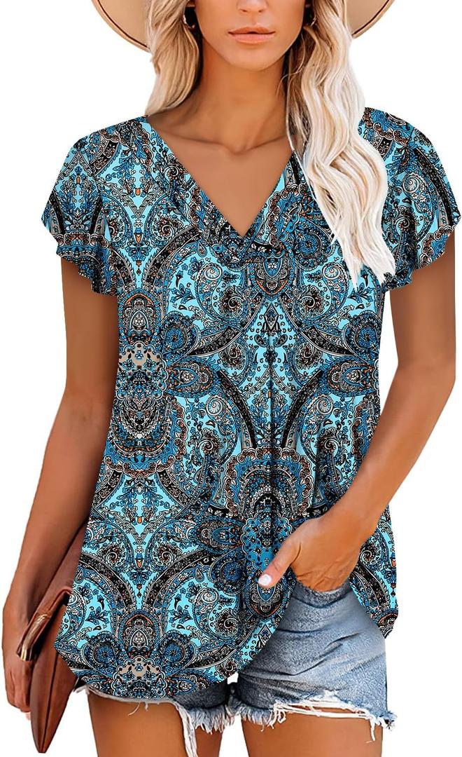 ONLYSHE Women's Summer Shirts and Blouses Casual Short Sleeve Tunic Tops V Neck Loose Fit (2X-Large, 2_b_bluepattern)