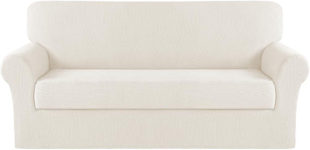 Turquoize Stretch Sofa Slipcover 2 Pieces Sofa Cover Couch Cover for 3 Cushion Couch Washable Furniture Protector Covers with Elastic Bottom Feature Thick Jacquard Fabric (Sofa, Cream)