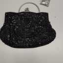 Floral Designer Evening Bag Beaded Sequin Design Vintage Kissing Lock Satin Clutch Purse Bag Wedding Party Clutch (Black)