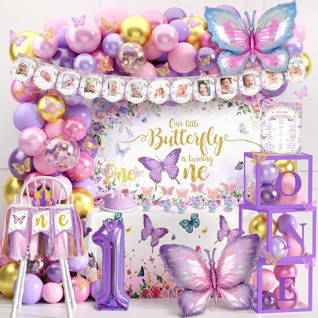 Butterfly First Birthday Decorations for Girl Pink Purple Butterfly 1st Birthday Party Decoration Supplies Include Balloon Arch Balloon Boxes Backdrop Tablecloth Birthday Hat