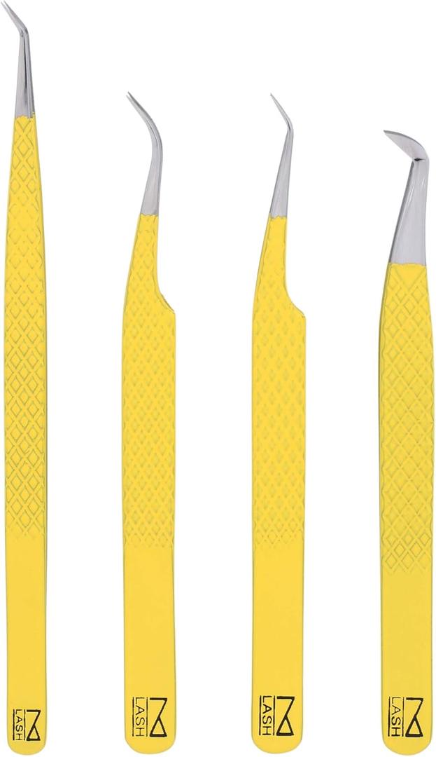 M LASH Tweezers for Eyelash Extensions (Set of 4) - Professional Lash Extension Tweezers - Fiber Tip, Japanese Steel, Diamond Grip Eyelash Extension Tweezer (Yellow)