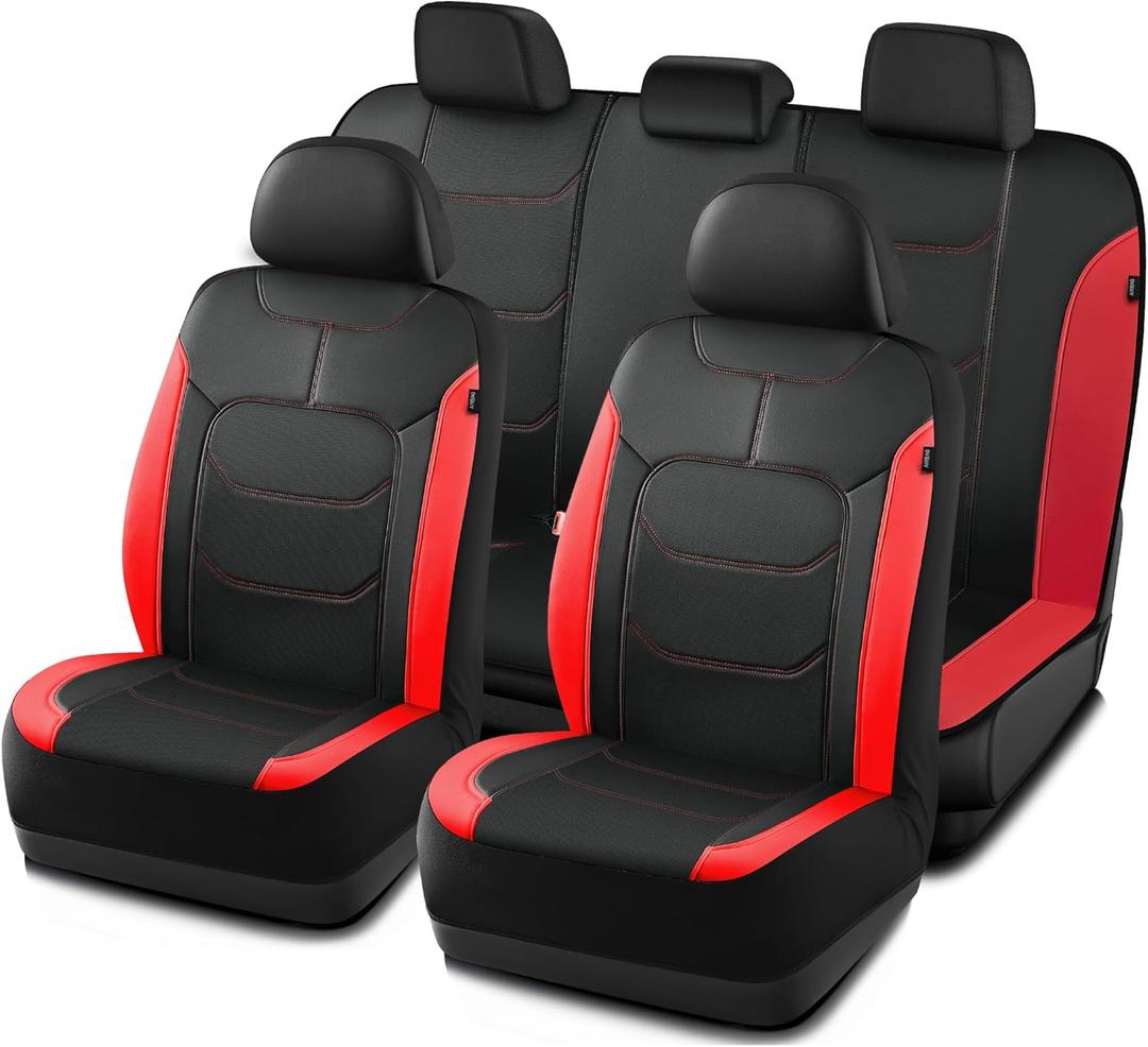 Road Comforts Seat Covers, Premium Leather Car Seat Covers Full Set,Airbag Compatible, Automotive Seat Covers Universal Fit Most Cars,Vans,Truck,SUV, Red