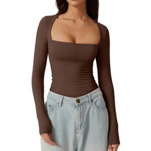 QINSEN Women's Sexy Square Neck Shirt Long Sleeve Double Lined Tees Fitted Going Out Tops (Coffee Bean) XS