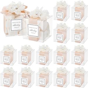 Wenqik 20 Pack Clear Wedding Favor Boxes with Ivory White Pearl Flowers, Ribbon and Thank You Stickers, Elegant Plastic Candy Gift Boxes for Bridal Shower Baby Shower, Birthday Wedding Supplies