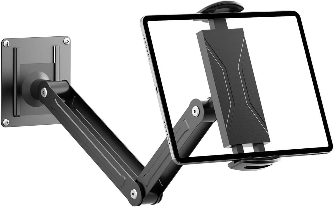 Tablet Wall Mount for iPad with Quick Release, Foldable Lighweight Metal Wall Tablet Holder with Adjustable Arm, Compatible with 4-11'' iPad Galaxy Tab Kindle Black