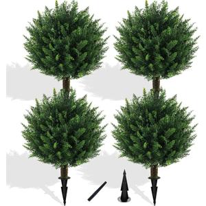 Artificial Cedar Topiary Ball Tree with Ground Spike, Set of 4 UV Resistant Artificial Bushes for Outdoors Faux Shrubs, Weatherproof Fake Round Cypress Ball Bushes Plant for Front Porch