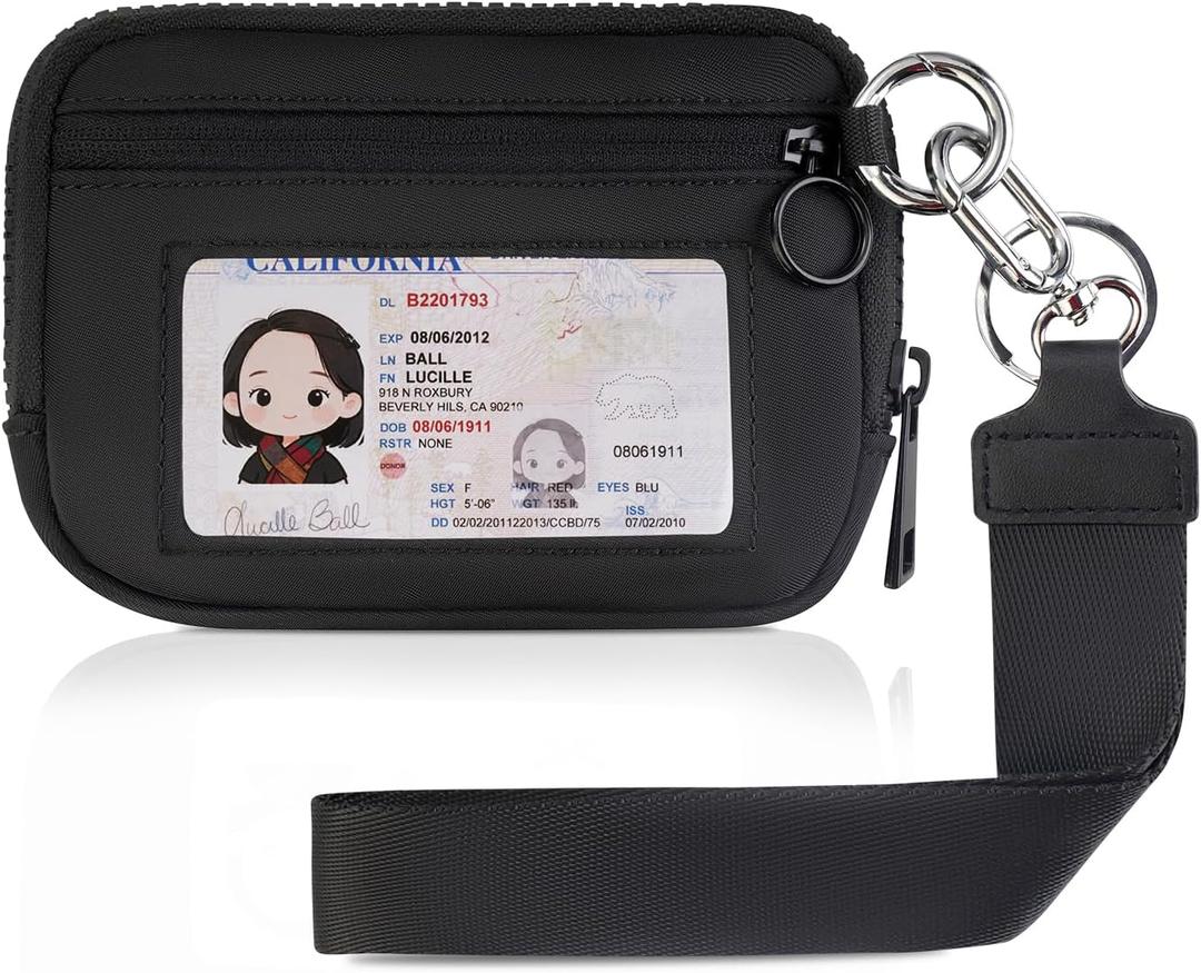 KeyChain Wallet Wristlet Wallets For Women Iris Wallet Zip Card Case with ID Window (Black)