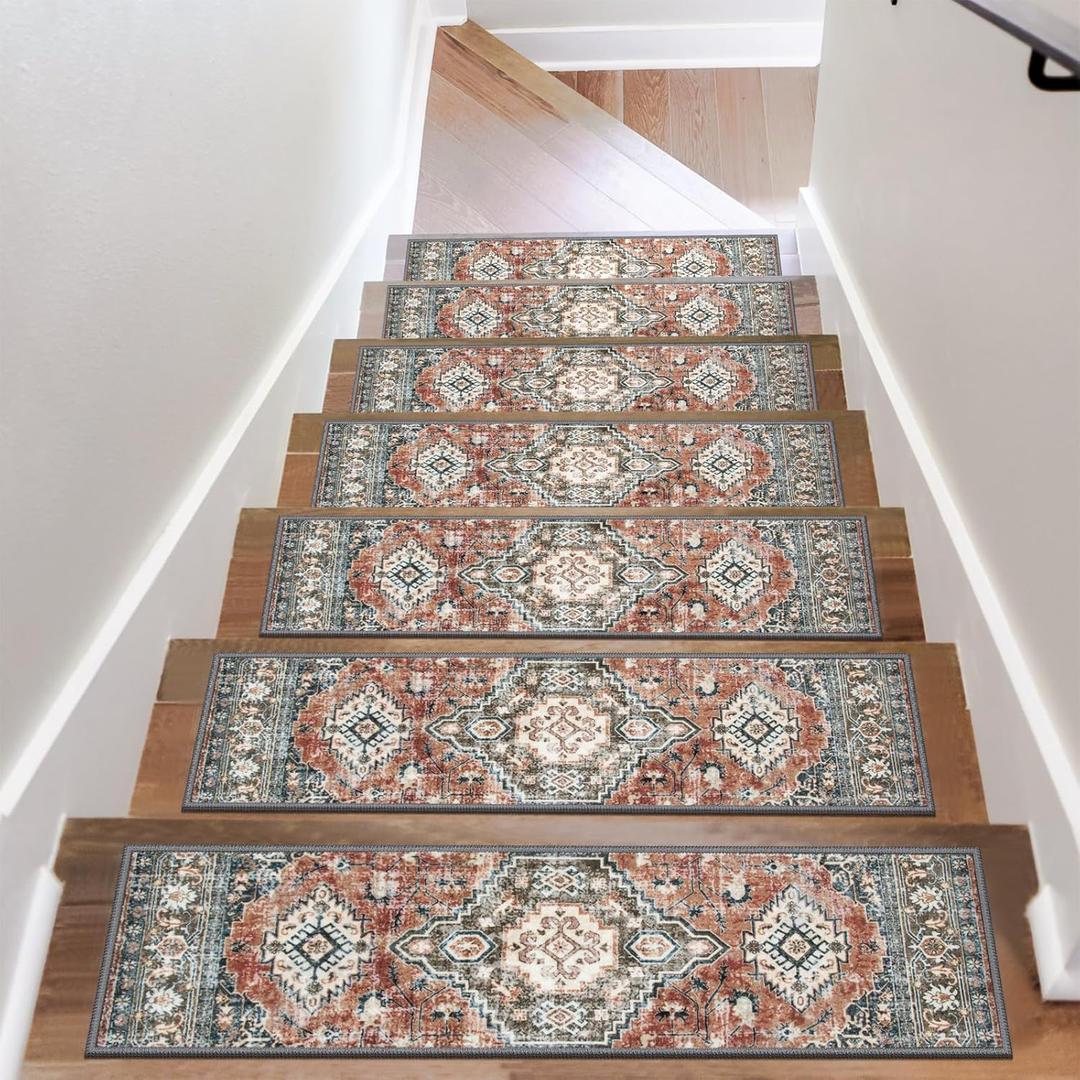 OJIA Stair Treads Non Slip for Wooden Steps Indoor 15PCS Carpet Stair Treads, Rubber Backing Stair Carpet Treads, 8"x30" Staircase Step Treads Edging Stair Rugs for Kids & Pets, Rust Red