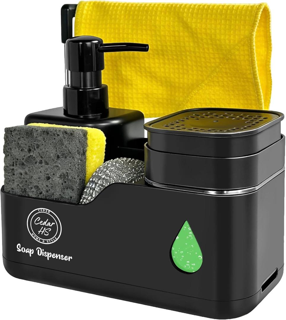 Kitchen Soap Dispenser Set (Black)  4 in 1 Dual Pump Bottles with Sponge Caddy, Brush Holder, Towel Bar & Drain Rack  Space-Saving Countertop Organizer for Sink & Bathroom