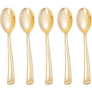 YOUBET 300pcs Gold Plastic Spoons - Heavyweight Plastic Spoons - Gold Silverware - 6.9 Inch Heavy Duty Disposable Spoons for Parties, Dinners & Weddings