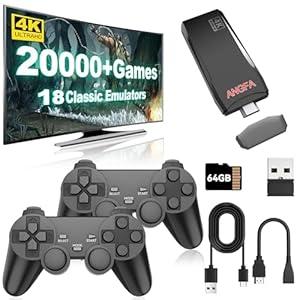 ANGFA Wireless Retro Game Console Stick, Upgrade Retro Video Gaming Stick Built in 20000+ Games with 18 Emulators, 4K HDMI Output with 2 Pack 2.4G Wireless Controllers for Nostalgia Gifts- 64GB