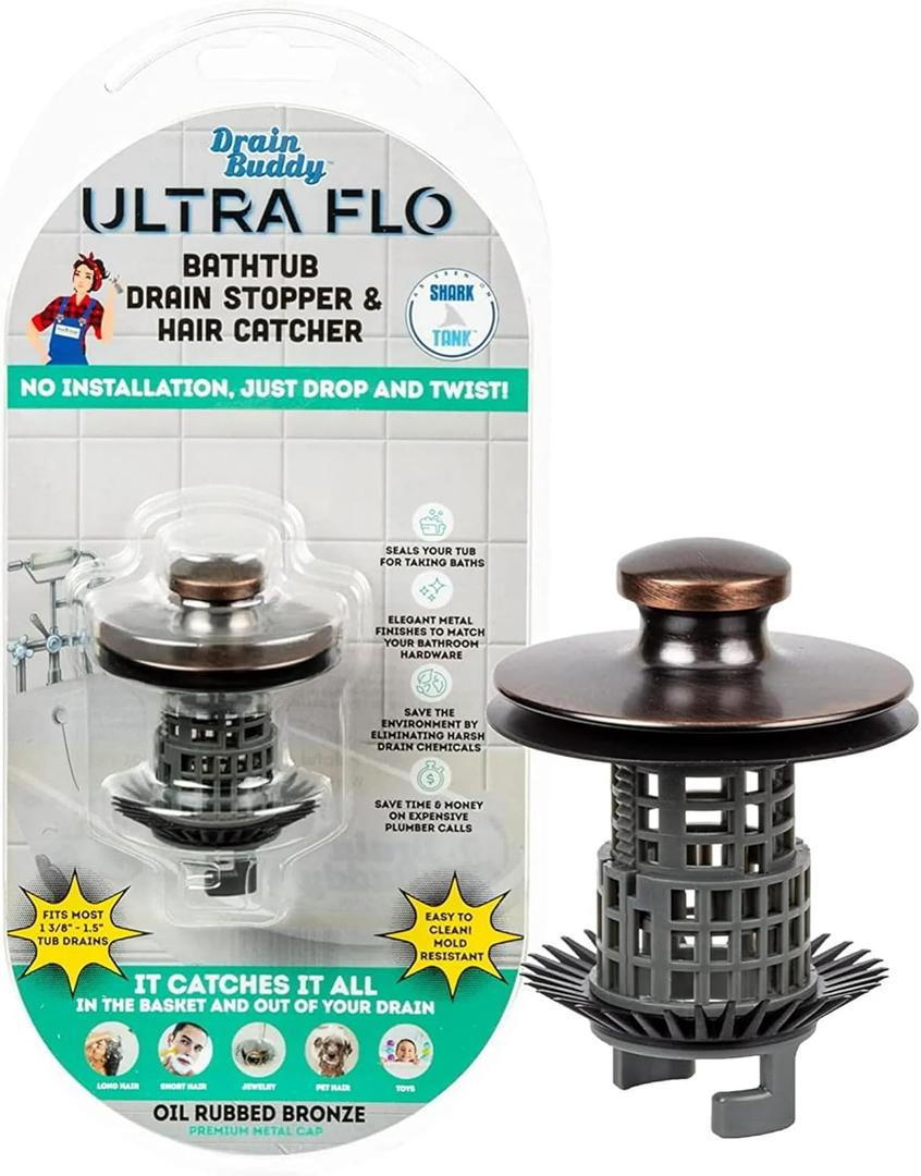 Drain Buddy Ultra Flo No Installation 2 in 1 Clog Preventing Tub Drain Stopper and Hair Catcher for 1 3/8" to 1.5" Bathtubs and Utility Sinks Oil Rubbed Bronze Metal Cap