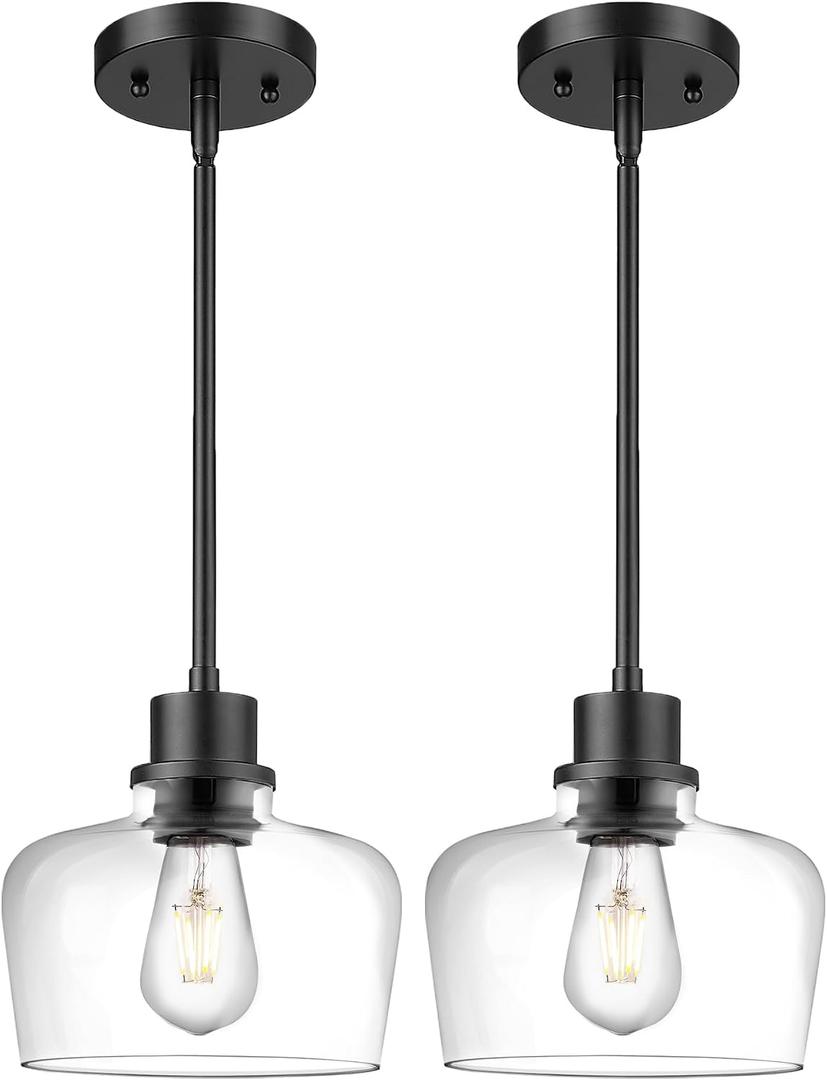 Emak 2 Pack Pendant Lights Kitchen Island, 8 Inch Black Pendant Light Fixtures with Clear Glass Shade, Modern Farmhouse Island Lights for Kitchen, Dining Room, Bar, PL122-BK-CG-2PK