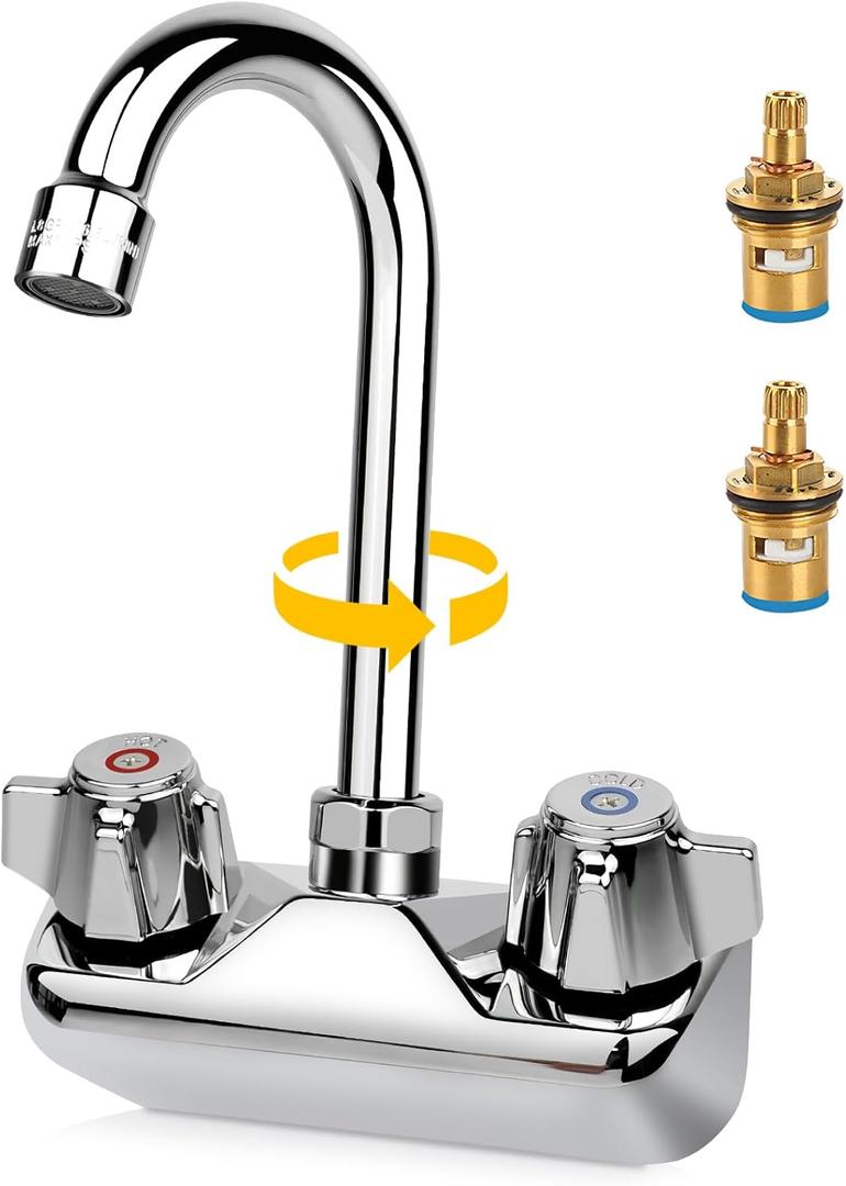 Leak-Free 4 Inch Center Commercial Hand Sink Faucet with Ceramic Valve, Wall Mount Bar Kitchen Hand Wash Sink Faucet with 3-1/2" Swivel Gooseneck Spout & Dual Knobs, Brass Constructed