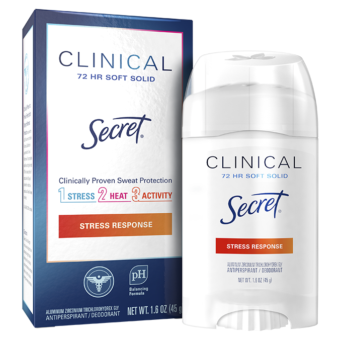 Secret Clinical Strength Antiperspirant Deodorant for Women, Stress Response, 100hr Sweat & Odor Protection, 3X Stress Protection with Hyaluronic Acid, PH Balanced, Invisible Solid, 1.6 oz 
