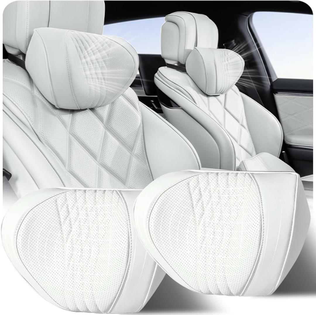 Car Neck Pillow 2-Pack - Premium Memory Foam Headrest with Soft Nappa Leather Feel, Ergonomic Support for Long Drives, Fits Most Vehicles (2, Grey)