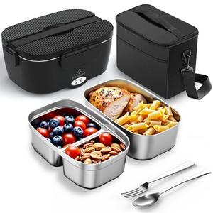 ESOHOT Heated Lunch Box,120W Electric Lunch Box for Adults with 1.5L 304 Stainless Steel Container, 12V/24V/110V Lonchera Eléctrica Portátil for Travel,Work,Car,Truck (Pure Black, 1.5L x 2)