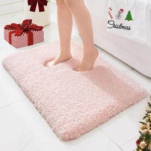 ILANGO Pink Christmas Bathroom Rugs 24"x17" Non Slip & Super Absorbent Extra Thick Soft, Washable Bath Mat for Floor, Non Shedding Microfiber Plush Holiday Bath Rug with Rubber for Shower Sink