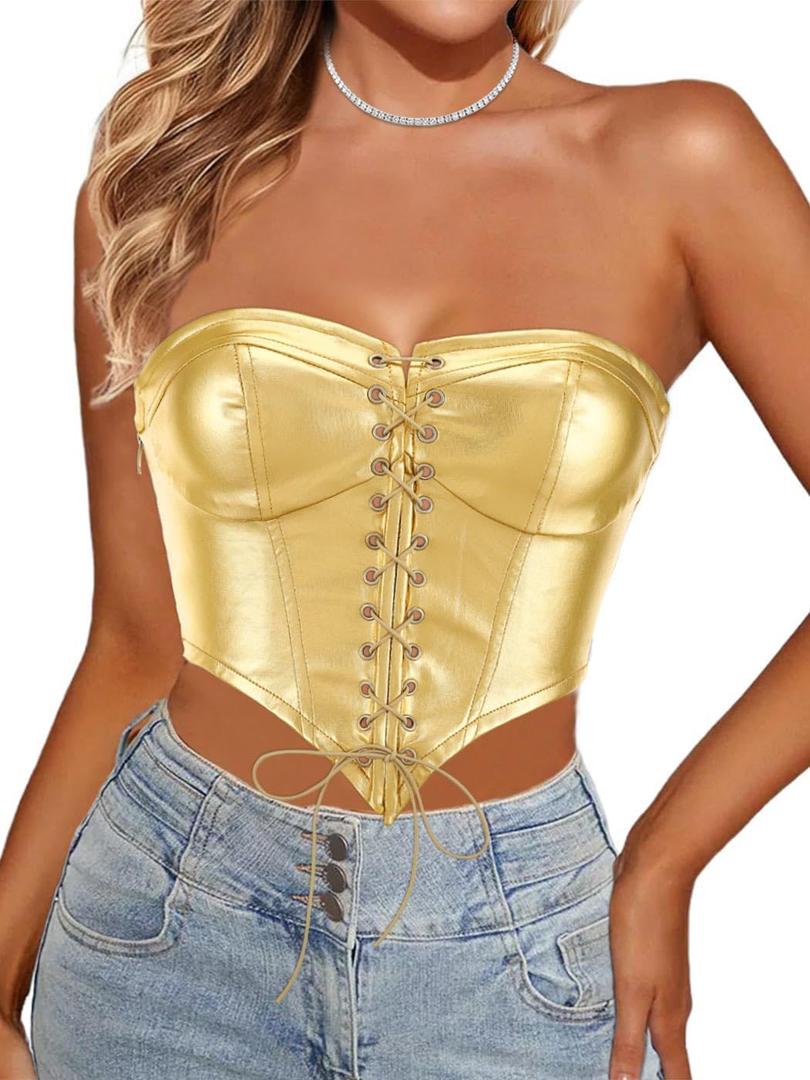 Women's Vintage Corset Lace Up Side Zip Bustier Boned Mesh Strapless Bodyshaper Sexy Crop Top (Medium, Gold)