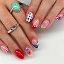 4th of July Press on Nails Medium Almond Fake Nails Red White Blue False Nails with Fireworks Star Bow Designs Cute Acrylic Nail Full Cover Acrylic Glue on Nails for Women Girls Manicure 24Pcs