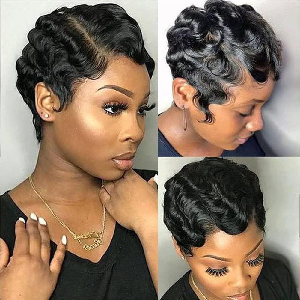 ONICA Short Pixie Cut Wigs Brazilian Virgin Human Hair Wigs Finger Ocean Wave Wig Mommy Hair for Black Women 1B#