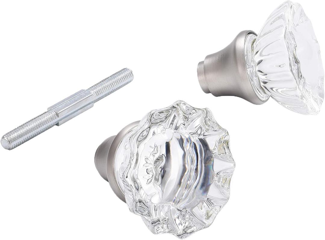 Glass Door Knobs Replacement Set, Vintage Crystal Door Knobs for Replacing Broken Old Antique Lock Sets on Interior Door, Brushed Nickel Finish (1 Pack)