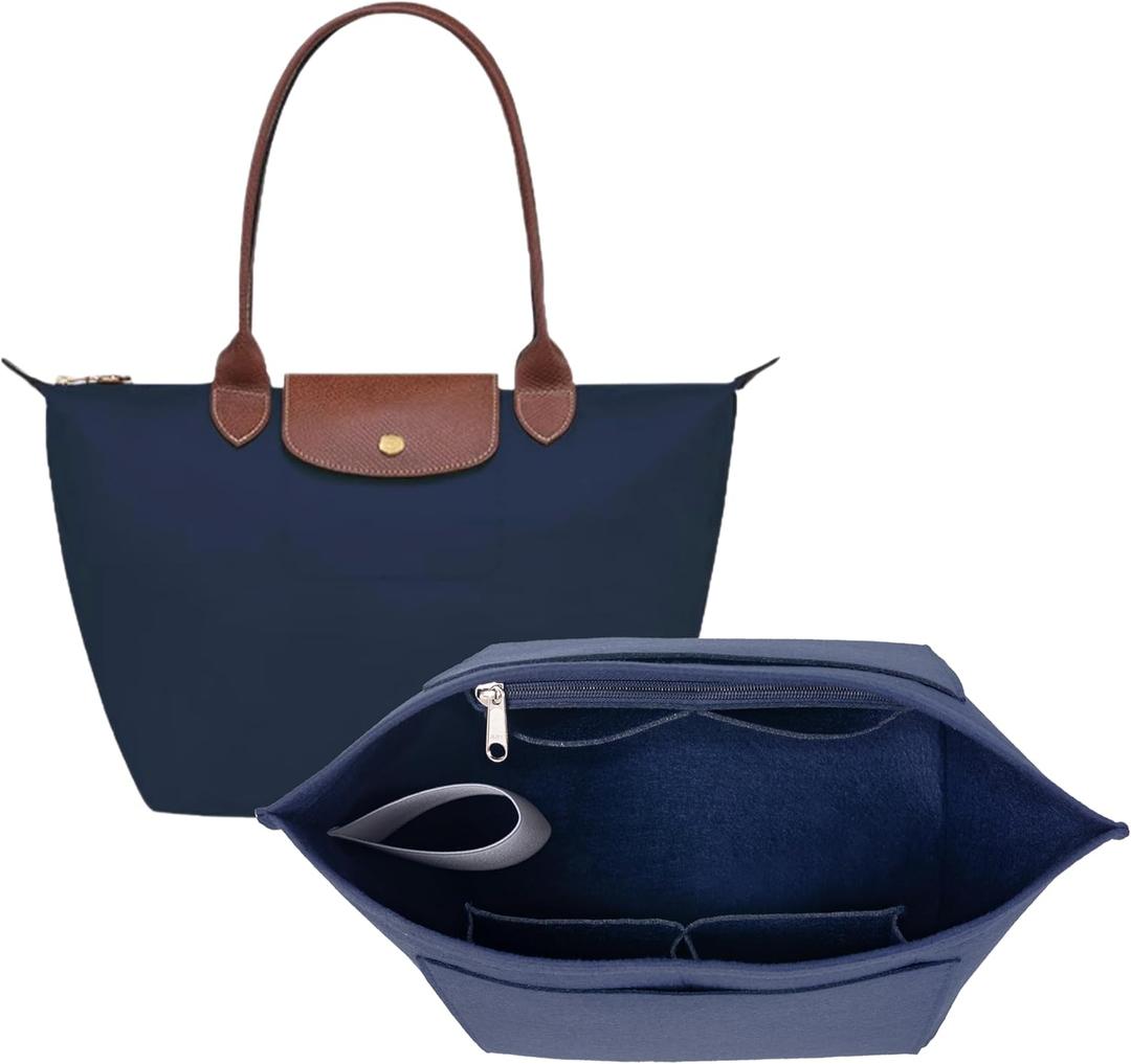 Purse Organizer Insert for Longchamp Le Pliage Tote Bag, Lightweight Felt Handbag Organizer with Cup Holder and Zipper Pocket, Compact Storage Insert for Totes and Handbags Blue-M