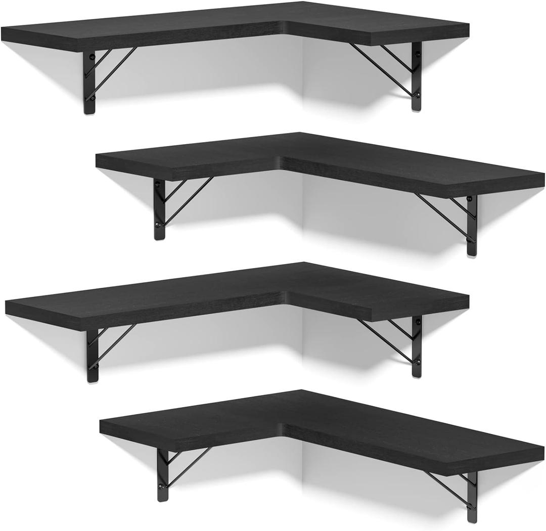 Love-KANKEI Corner Shelf Wall Mounted,Floating Wall Shelves for Storage,Rustic Wood Hanging Shelves for Display,Bathroom Kitchen Bedroom Living Room,Set of 4,Black