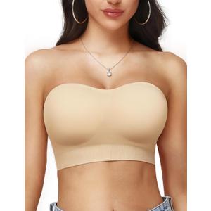 PoseFree Seamless Push Up Strapless Bra for Women Non-Slip Silicone Bandeau Bra with Fabric & Clear Straps Wireless Tube Top (Medium, Nude)