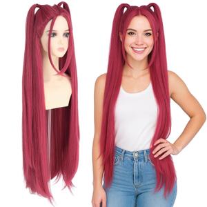 morvally 39 Inches Long Red Wig with 2 Ponytails for Women - Anime Cosplay Wigs for Womens Halloween Costume Party (Red, Adults)